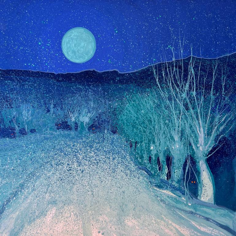 Original Landscape Painting by Andrii Kovalyk | Impressionism Art on Paper | Magic of a Moonlit Night