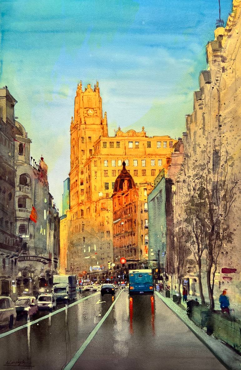 Original Architecture Painting by Andrii Kovalyk | Impressionism Art on Paper | La Gran Via