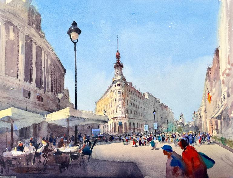 Original Architecture Painting by Andrii Kovalyk | Impressionism Art on Paper | Sunny Day in the Heart of Madrid