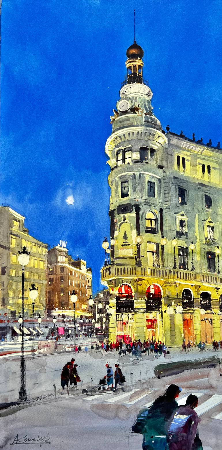 Original Architecture Painting by Andrii Kovalyk | Impressionism Art on Paper | Evening Madrid
