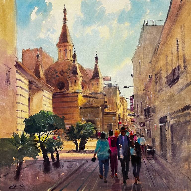 Original Architecture Painting by Andrii Kovalyk | Impressionism Art on Paper | A Walk Through the Town of Lloret de Mar in Catalonia