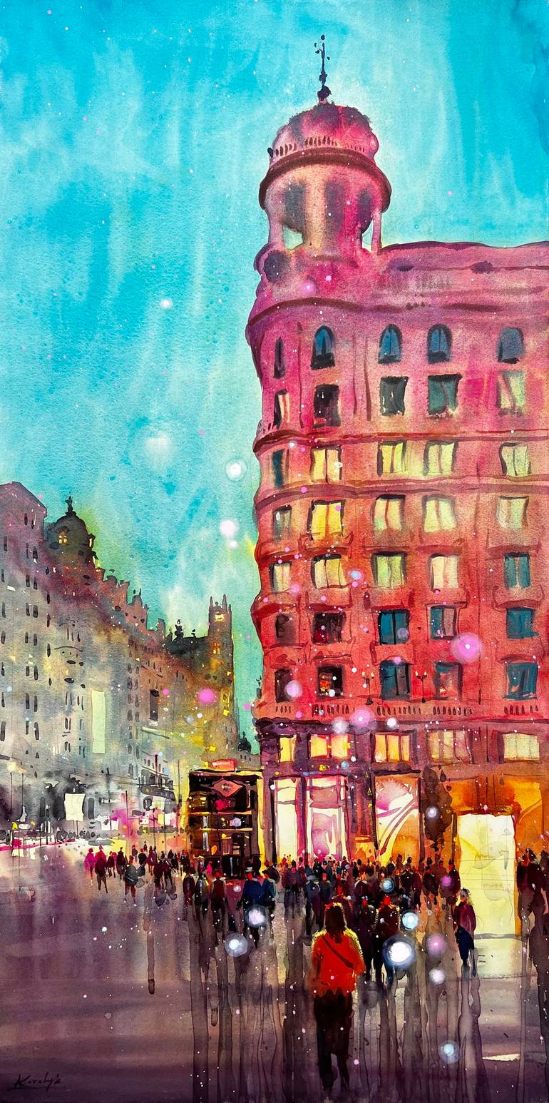 Original Architecture Painting by Andrii Kovalyk | Impressionism Art on Paper | Evening walk in Madrid along Gran Via