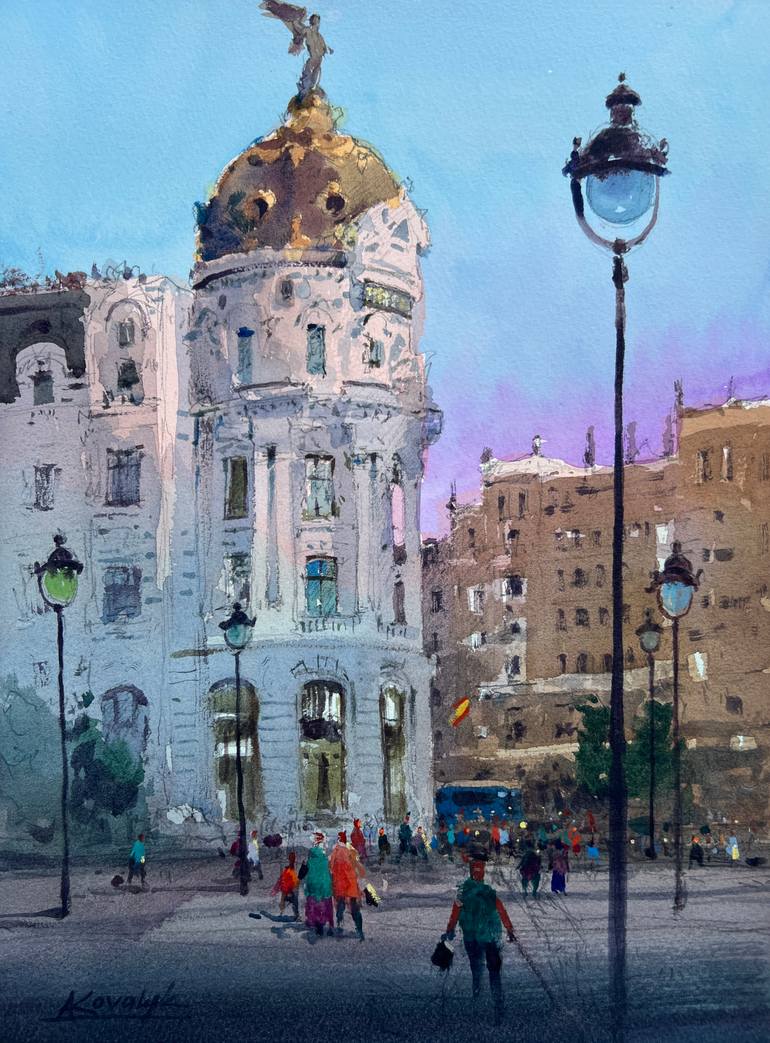 Original Architecture Painting by Andrii Kovalyk | Impressionism Art on Paper | Morning on Gran Via