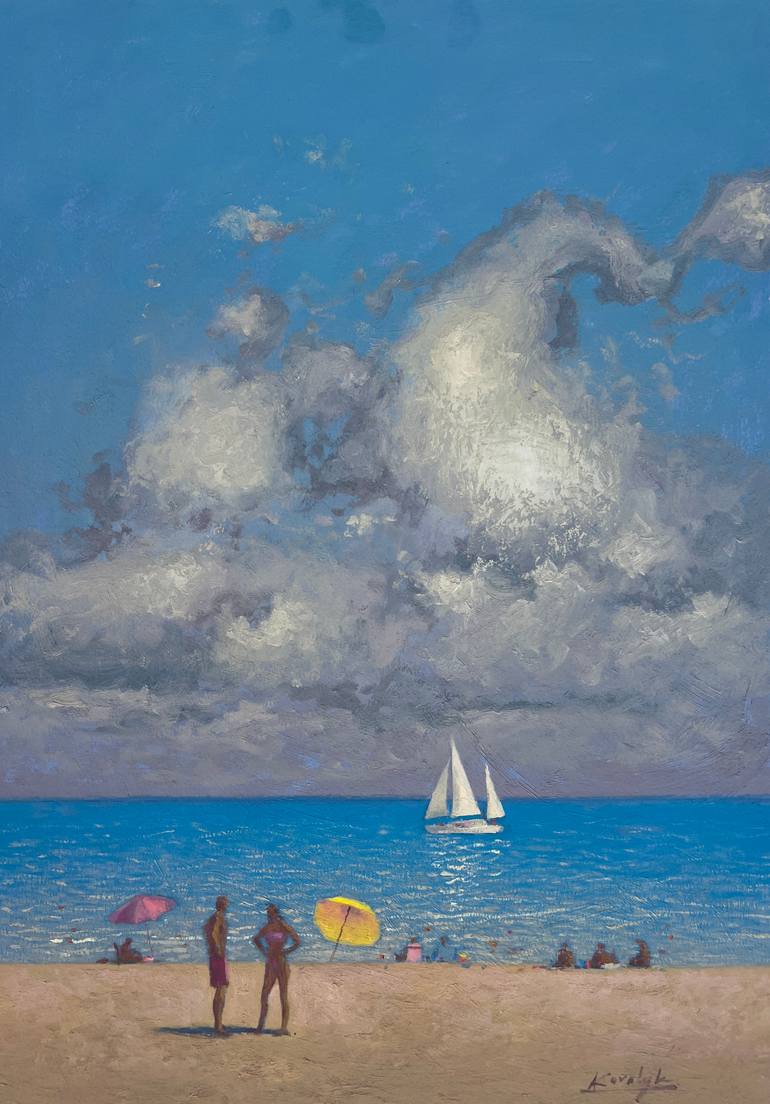 Original Beach Painting by Andrii Kovalyk | Impressionism Art on Paper | Summer Day by the Sea