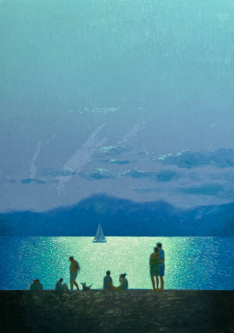 Original Beach Painting by Andrii Kovalyk | Geometric Art on Paper | Magic of a Summer Night