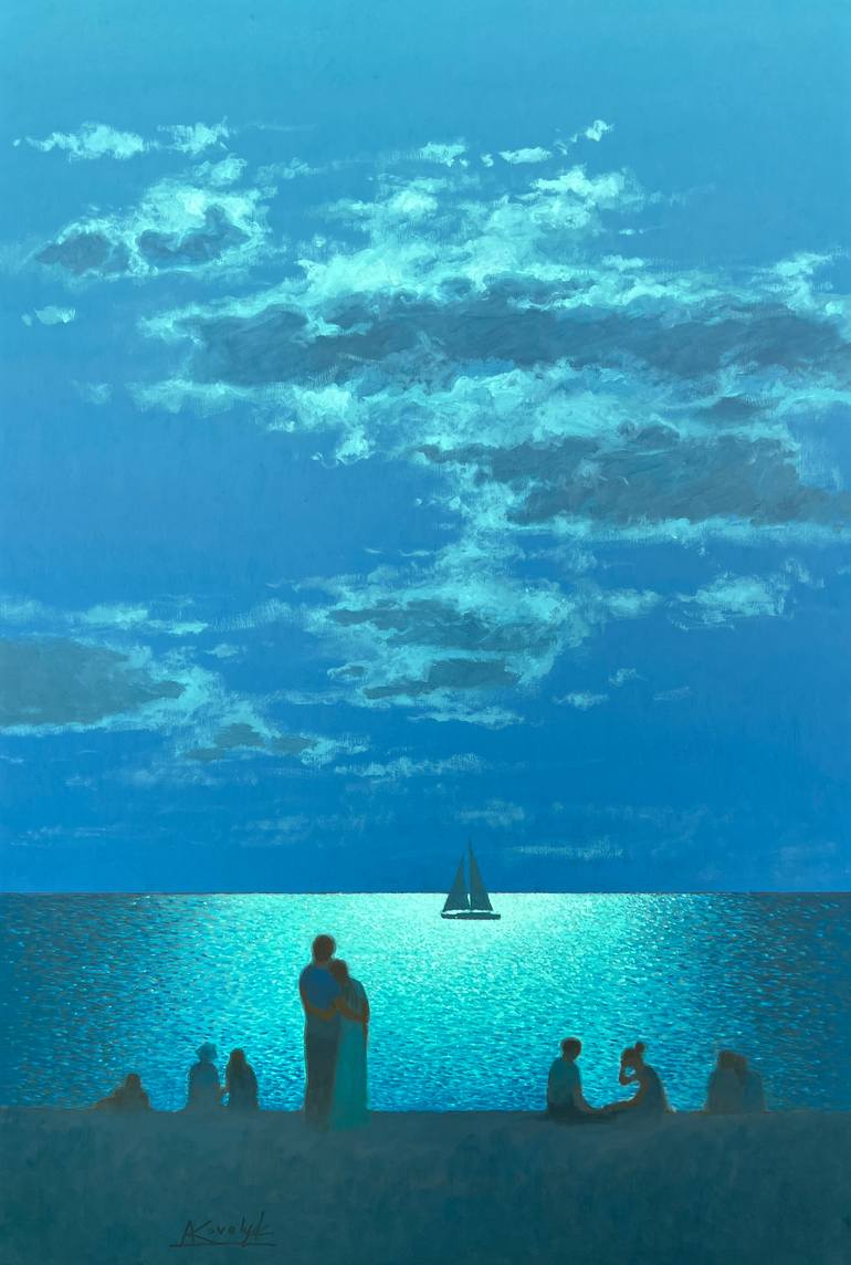 Original Beach Painting by Andrii Kovalyk | Impressionism Art on Canvas | Together Under the Night Sky