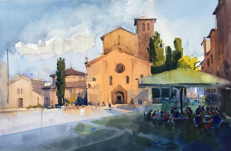 Original Architecture Painting by Andrii Kovalyk | Impressionism Art on Paper | Watercolor painting "Church of St. Stephen in Bologna. Italy "