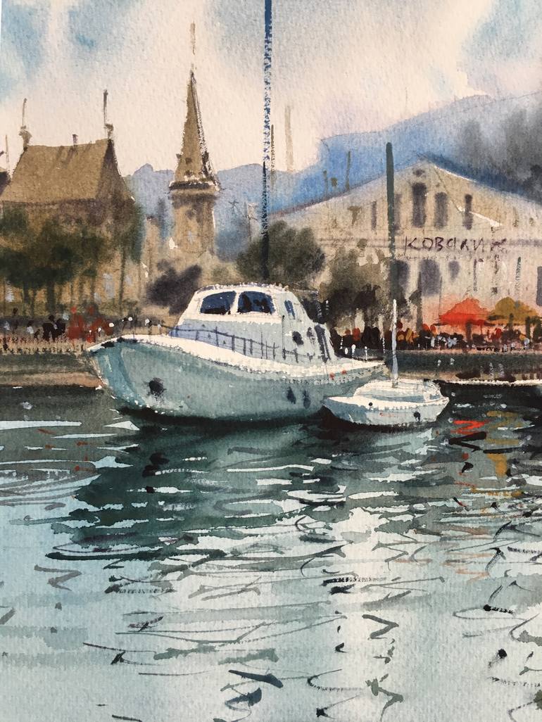 Original Impressionism Boat Painting by Andrii Kovalyk 