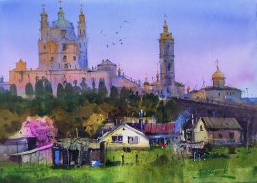 Watercolor painting “Evening light.  Pochaev Lavra " thumb