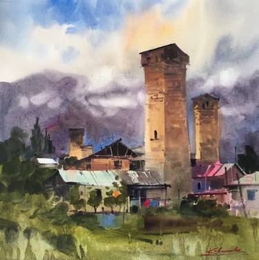 Watercolor painting “Fabulous towers of Svaneti.  Georgia" thumb
