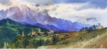 Watercolor painting “Blue Georgian mountains.  Mestia, Svaneti” thumb