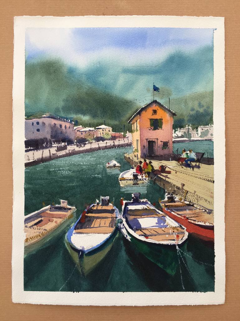 Original Illustration Boat Painting by Andrii Kovalyk 
