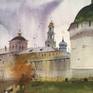 The work “Spiritual Fortress. Trinity-Sergius Lavra" was painted from life in Sergiev Posad, Moscow region.
The painting was working by professional Italian Maimeri Blu watercolors on 100% cotton paper with a density of 300 grams, which will give the picture durability.