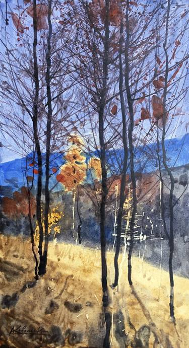 Autumn landscape painting. Original watercolor. thumb