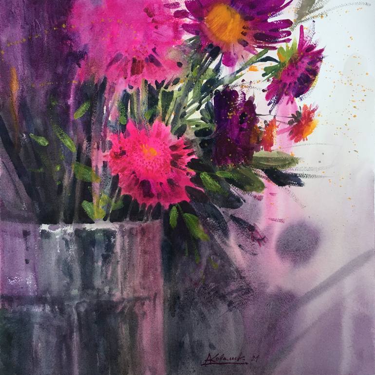 Original Floral Painting by Andrii Kovalyk  Illustration Art on Paper  Red flowers Original watercolor painting