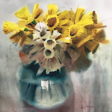 Still life with yellow flowers. Original watercolor painting thumb