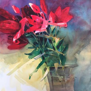 Summer flowers red lilies in a vase.  Large format watercolor painting, 55x55 cm thumb