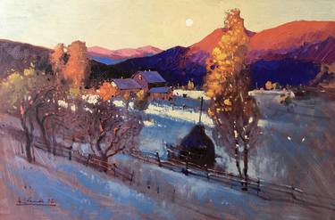 Original oil on canvas landscape painting “Morning freshness. The first snow in the mountains”. thumb