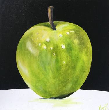 Green Apple on black, Fruit, Green Apple Painting, Kitchen Art thumb