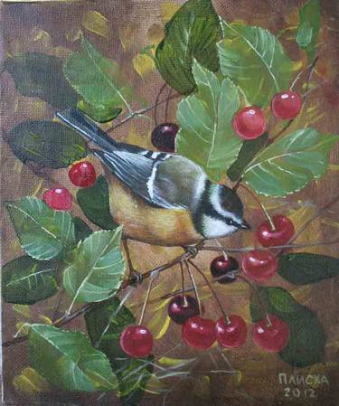 blue titmouse and cherries thumb