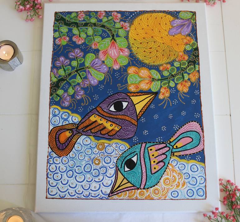 Gond Art Story of two birds from the Rig Vedas (Handmade) Painting by Nidhi Jha Saatchi Art