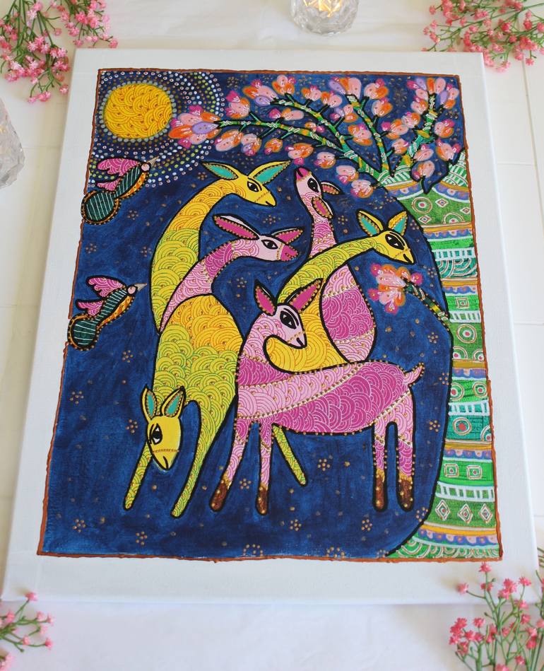 Gond Art A Group Of Female Antelope Under The Night Sky