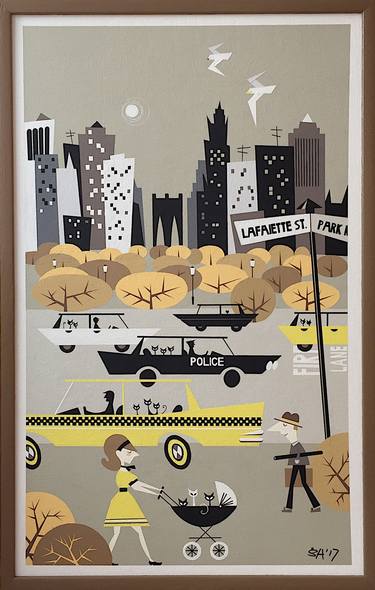 Fall In Brooklyn New York Mid Century Vintage Modernist Atomic Cats Acrylic Painting thumb