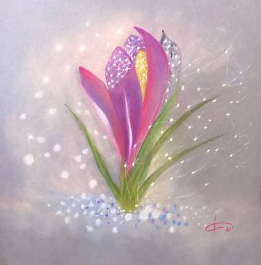 Brilliance-crocus flower , floeal botanical art, pastel drawing, light and shiny sparkles, spring art, spring painting, prints, sparkles, brilliance,  thumb