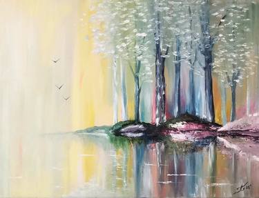 Silent - abstract landscape painting, migration birds flying, side of lake, trees blossom, original oil painting, fantasy painting, reflection of tree thumb