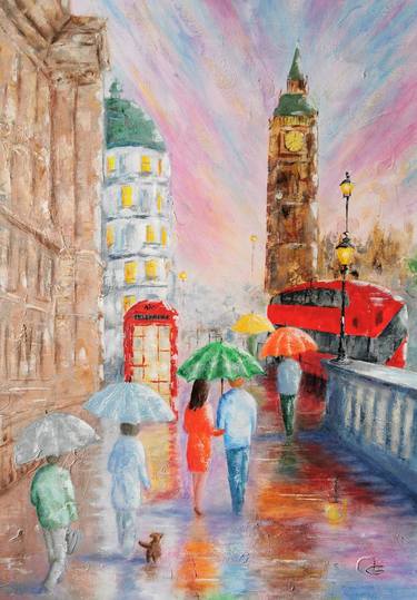 Under the umbrella - London city, Big Ben, Romantic couple walk, Rainy day, People. thumb