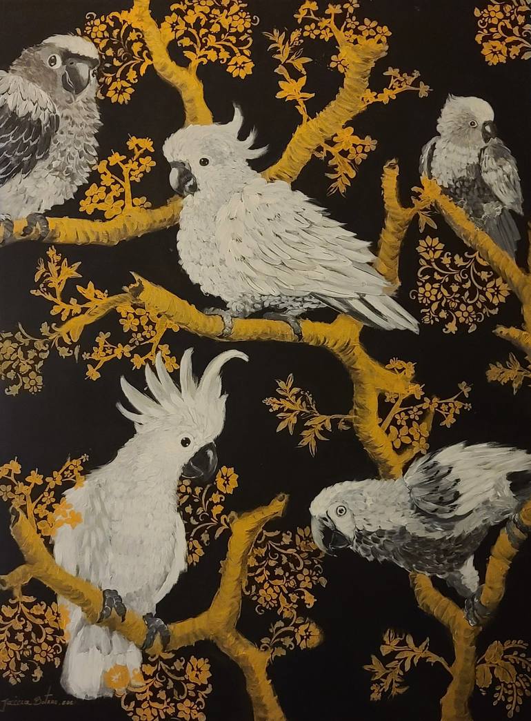 Original Animal Painting by Jaime Botero  Art Deco Art on Canvas  Tropical parrots