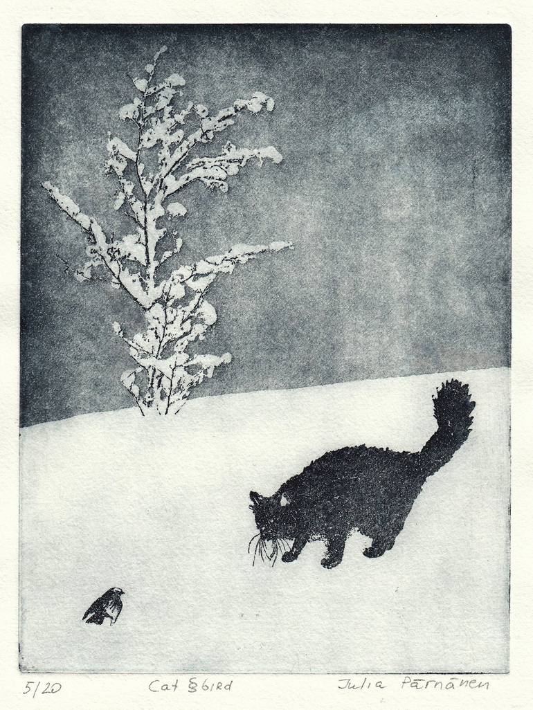 Cat&Bird-Etching&Aquatint Printmaking by Julia Pärnänen | Saatchi Art