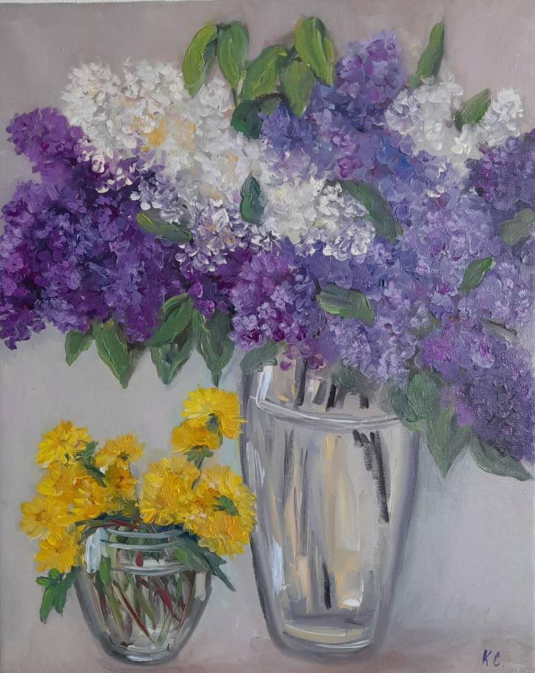 lilac original oil painting, still life with dandelions Painting by ...