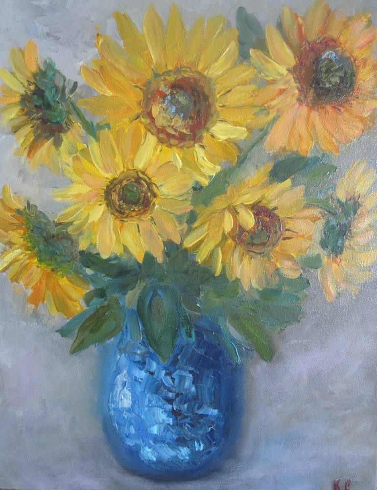 Golden Sunflowers in a Blue Vase Painting by Svitlana Klymenko ...