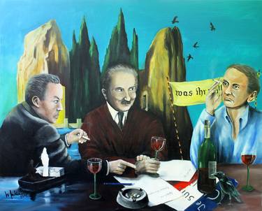Camus, Heidegger and Houllebecq are discussing thumb