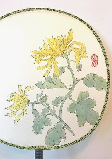 Chinese Chrysanthemum in Full Bloom on Silk Fan thumb