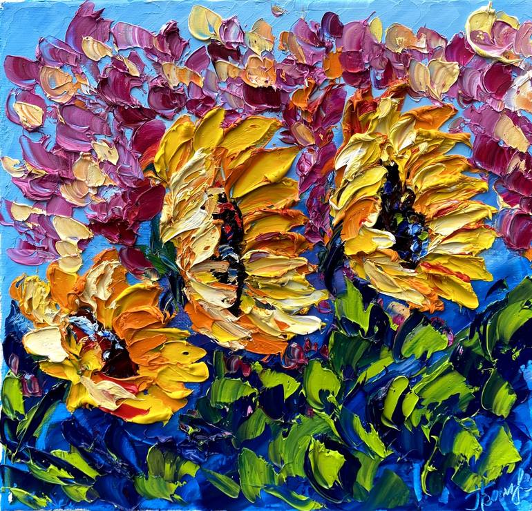 Original Floral Painting by Oksana Fedorova | Expressionism Art on Canvas | Sunflowers and pink flowers
