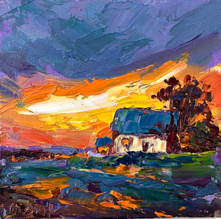 Original Landscape Painting by Oksana Fedorova | Impressionism Art on Canvas | Sunset over the house