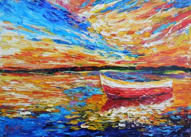 Fishing Boat and Amazing Sunset Original Oil Painting on Canvasboard Seascape Coast Beach Impasto fine art gift decor thumb