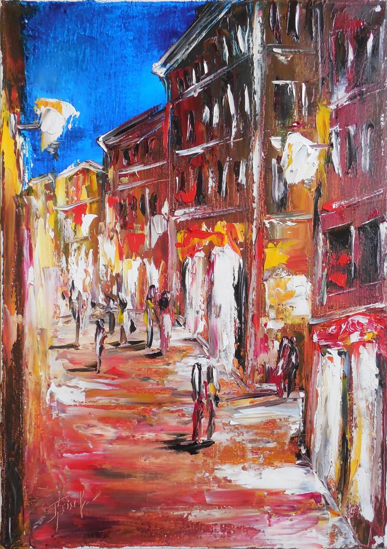 Evening Walking Street in Old City Original Oil painting on canvas Cityscape illuminated old street fine art Romantic Landscape - Print