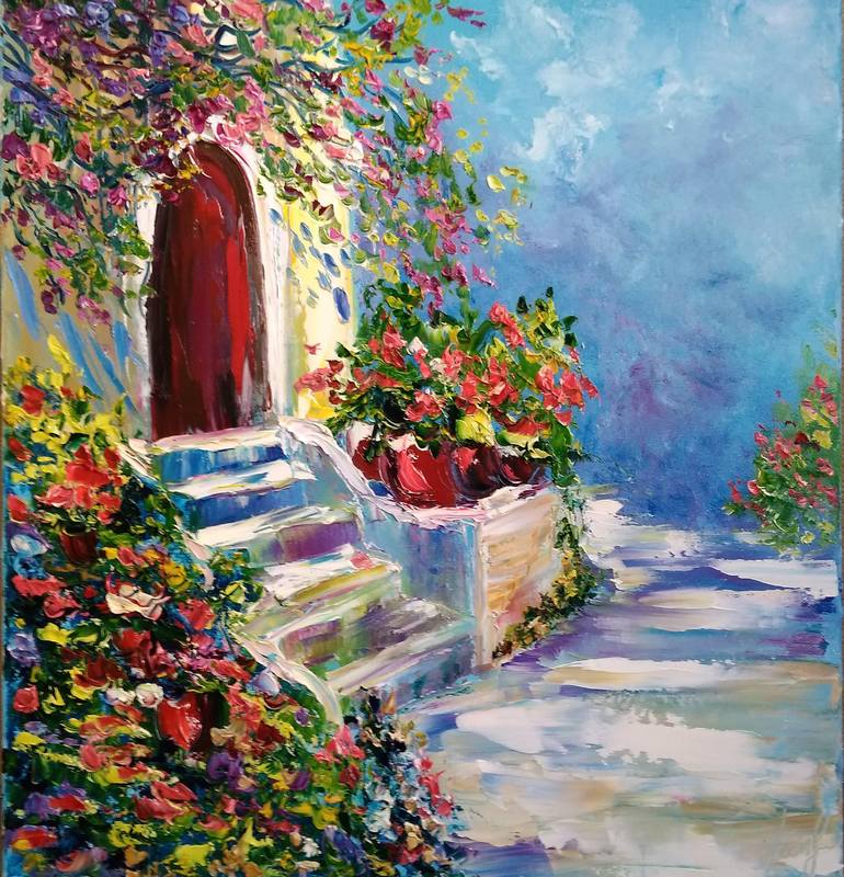 Door and Flowers Painting by Oksana Fedorova