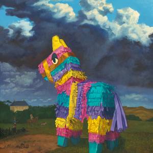 Piñata with two hunters, dogs, and horses.
