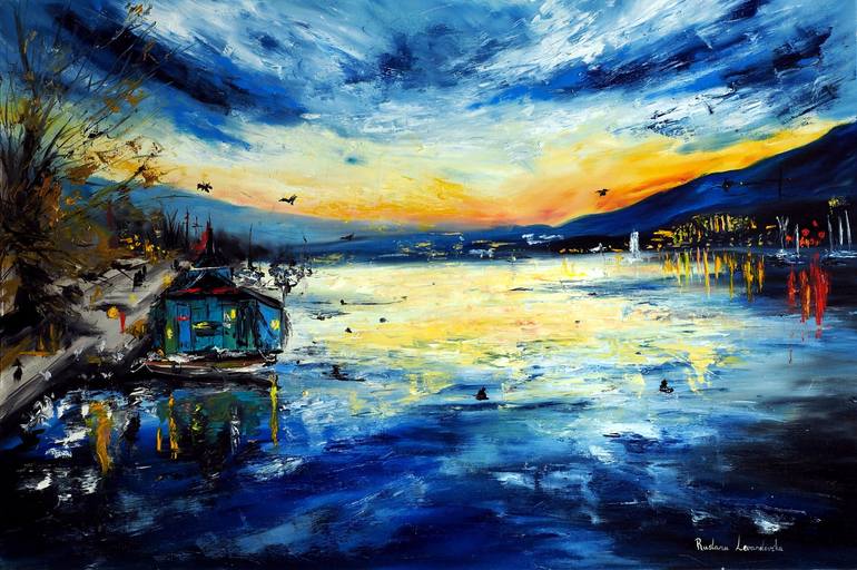 Original Nature Painting by Ruslana Levandovska | Impressionism Art on Canvas | Evening at the Lake in Switzerland