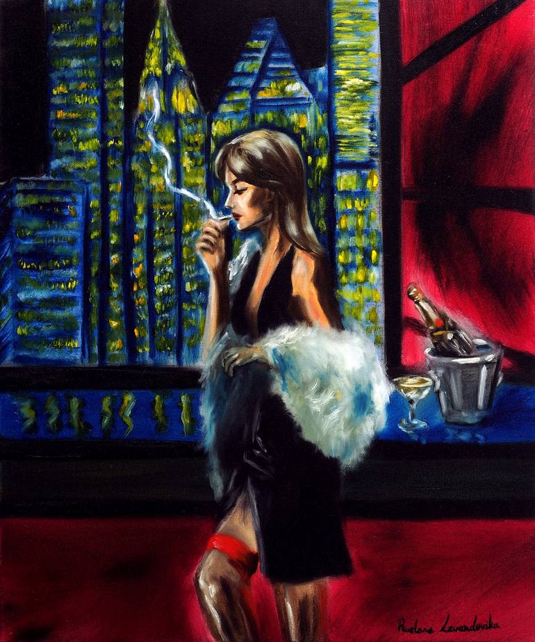Original Women Painting by Ruslana Levandovska | Figurative Art on Canvas | Lady in the City Night