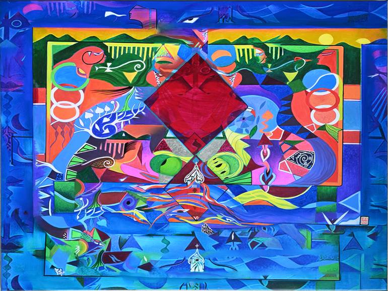 Original Water Painting by Helmut Kand | Surrealism Art on Canvas | To never tire of looking at a glass window