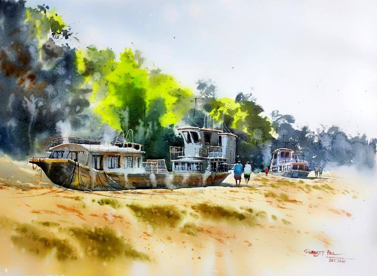 Original Fine Art Boat Paintings by Subhajit Paul