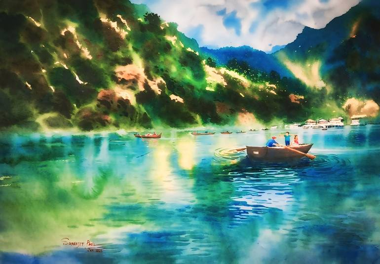 Original Landscape Painting by Subhajit Paul | Impressionism Art on Paper | Serenity on the lake