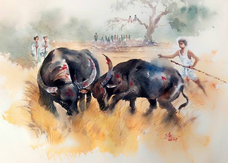 Buffalo fight Painting by Subhajit Paul | Saatchi Art