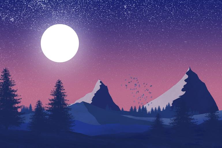 The moonlight over the mountains and the forest - Print