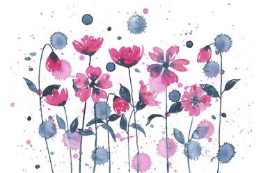 Garden of pink flowers painted with watercolors thumb